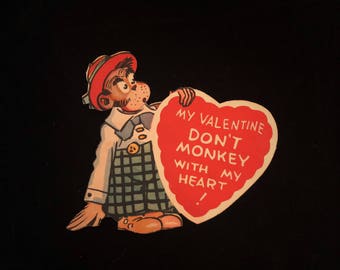 1920's Vintage Valentine Whimsical Monkey Mechanical Die Cut