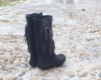 Felted Boots - Black Wild Life - Valenki - Winter shoes - Women Snow boots- Handmade boots - Black boots - Rubber sole - Woolen boots