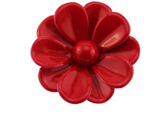 Red Enamel Flower Brooch, Large Red Flower Brooch, Red Enamel Flower Pin, Red Flower Pin