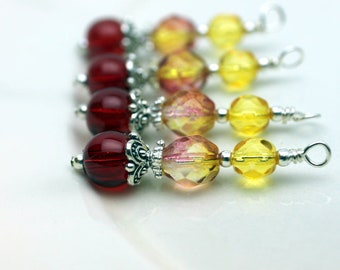 Red with Lemonade and Yellow Czech Bead Dangles with Silver Bead Dangle Charm Drop Set - Earring Dangle, Charm, Drop, Pendant