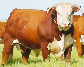 cow art gift Hereford calf bull cattle ranch farm painting pen&ink watercolor print