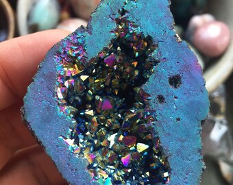 Rainbow Aura Flame Geode # 2 | Angel Aura | Titanium Electroplated Agate | Spiritual Junkies | Reiki Love Infused| Crystal Healing | Gemston