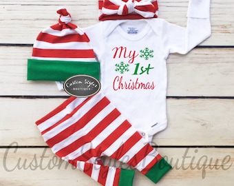 Gender Neutral Baby's First Christmas Outfit, Red And White Striped Leggings & Hat with Green Cuffs, Headband, Baby Boy, Baby Girl