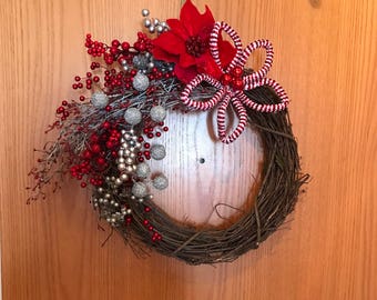 Holiday Grapevine Wreath, Christmas Grapevine Wreath, Rustic Holiday Wreath, Red and Silver Wreath, Holiday Door Decor, Christmas Door