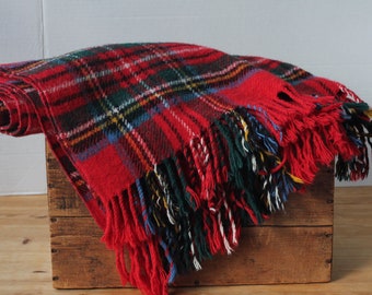 Vintage Scottish All Wool Rug Shawl Red Green Yellow Blue Tartan Plaid Dress Stewart Clan woven in the U.K.