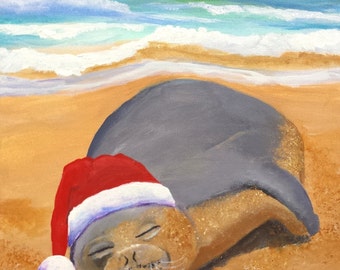 mele kalikimaka hawaiian monk seal original acrylic painting from kauai hawaii christmas holiday santa hat animals art for kids children