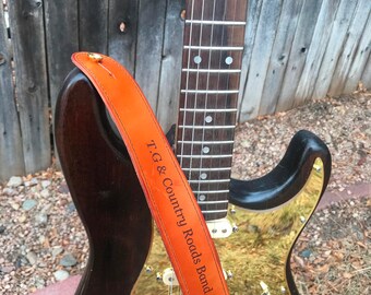 Custom Personalized Leather guitar or bass strap. Put YOUR music,Initials, music notes, logo, band name, saying, Signature