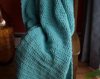 Teal Blanket | Chunky Crochet Throw | Super-Soft Afghan | Large Blanket | Soft Afghan | Blanket with Fringes | Crochet Blanket