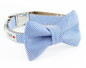 Blue Pinstripe Bowtie Dog Collar