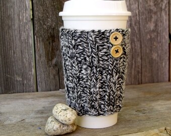 Coffee Sleeve in Black and White Marled Yarn with Natural Wood Buttons, Coffee Cup Cozy, Mug Cozy, Travel Mug Cozy, Mug Sleeve,