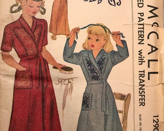 Vintage McCalls 1290 Girls' Housecoat Pattern With Transfer Size 6 1940s