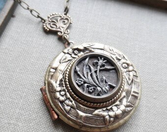 Antique Button, Locket Necklace, Lilies, Midsummer Flowers, Brass Rim, Tin Rim, Timeless Trinkets