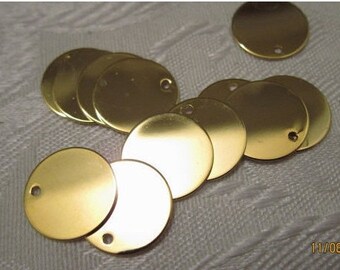 15mm, Gold-Plated Brass Drops or Blanks, Flat, Round, Edge-Drilled - Available in 10, 20, 30 & 50 Charm Pkgs and in Larger Pkgs