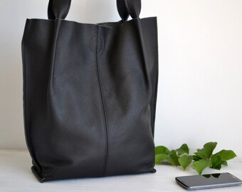 BLACK LEATHER TOTE Bag - Large Tote Bag - Italian Leather Handbag