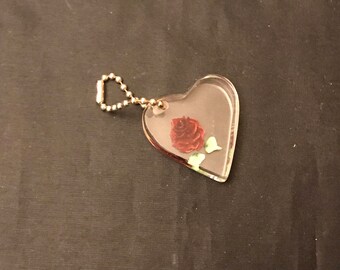 Vintage reverse carved rose heart-shaped lucite keychain pendant necklace
