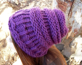 Knit slouchy hat purple women"s