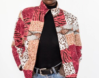 80s Vintage Red Animal Print Bomber Jacket