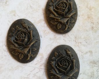 Unset Roses Cameo - Handpainted gold/black Rose cameo - gothic neo victorian cameo 3 pieces