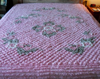 English PINK Vintage chenille BEDSPREAD, spread heavy weight