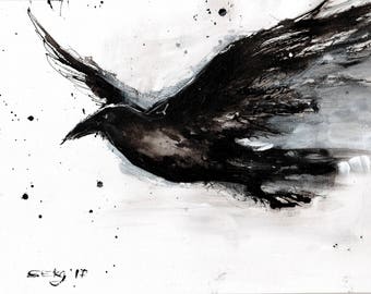 Crow painting - Ink on 8x12in canvas, A4, 21x30cm - abstract bird