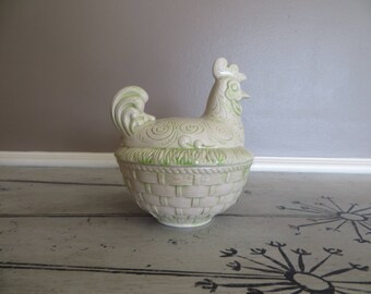 Hen on Nest Glazed Pottery Dish Covered Candy Dish Green and Cream