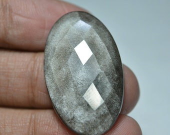 Silver Obsidian Faceted Cabochon.. Silver Sheen Obsidian Checker Cut Faceted Cabochon.. Oval Cabochon.. 35x21x5mm..27cts..A#8886