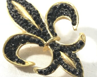 Vintage Weiss Fleur De Lis Jet Black Molded RHINESTONE PIN BROOCH