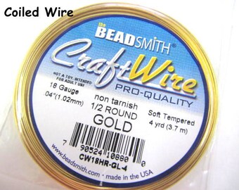 Craft Wire Gold Coiled 18 Gauge Half Round , Binding Wire, Wrap Wire, Non-Tarnish, 4 Yards, Beadsmith, Wire Wrapping, Soft Temper