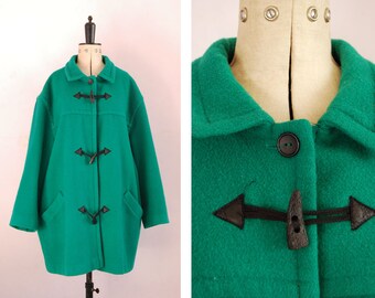 Vintage 1980s 90s Green wool hunter duffle coat - Toggle coat - Green wool coat - Vintage wool coat - Green duffle coat - Large wool coat