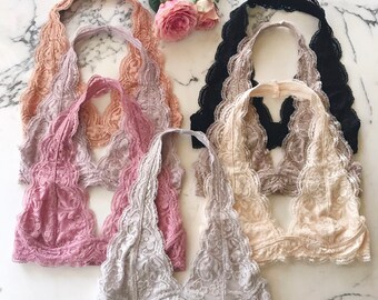 Scalloped Halter Lace Bralette - many colors, Lined, adjustable hook and eye closure, bralettes bras tops lacy halter neck