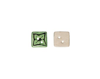 Hand Painted Square Green Ceramic Buttons, 2 holes - Pair (2)