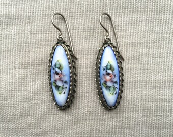 Russian vintage jewelry earrings; Rostov finift enamel jewelry; Folk art enamel painting; Blue flower jewelry gift set