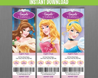 Disney Princess Birthday Ticket Invitations (Set 2) - Instant Download and Edit with Adobe Reader