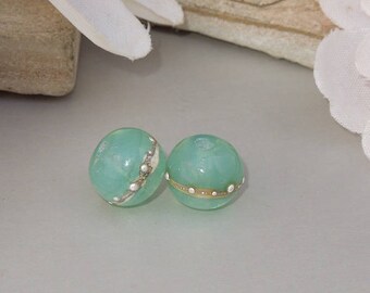 Handmade Lampwork Glass Round Bead Pair SRA DIY-Bastets Beads- SIlver Jade