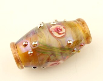 Lampwork Bead, Glass Rose Floral Focal, Pink Roses