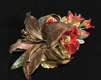 Winter Hair Flower Luxury Festive Olive Green Velvet Lily & Rust Arrangement