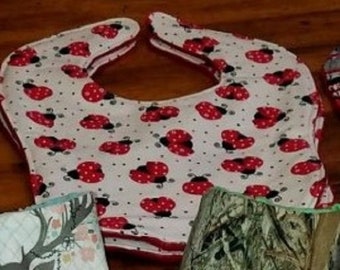 Set of 2 Infant Feeding Dribble Bibs Red Ladybugs on White Cotton & Red Minky Outer Lined With Plastic Snap Teething Baby Drool Stylish Dry