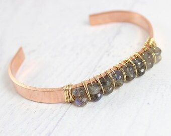 Labradorite Cuff Bracelet, Metal Bangle Bracelet, Labradorite Gemstone Bracelet, Wire Wrap Bracelet, Copper and Gold Bracelet