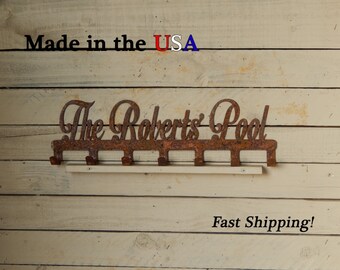 Last Name Pool Towel Rack, Leash Rack, Key Hooks, Towel Rack, Decor, Beach Decor, Personalized, Coat Rack, Name Decor, Metal Rack, CR1023