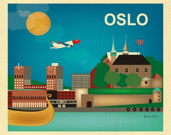 Oslo Skyline Print, Norway Travel Wall Art Print, Oslo Gift, Horizontal Oslo, Blue Scandinavian wall decor, Loose Petals, style - E8-O-OSL