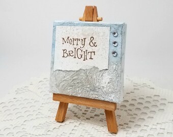 Mini Canvas - Mixed Media Canvas - Christmas Decor - Mixed Media Mini Canvas - Merry and Bright - Canvas Art - Mixed Media Art