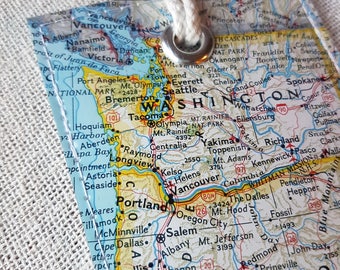 Washington & Oregon state luggage tag made with original vintage map