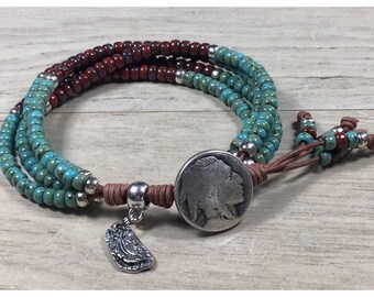 Southwestern Style Beaded Wrap Bracelet, Beaded Leather Wrap Bracelet, Southwestern Jewelry, Boho Jewelry, Southwestern Style Bracelet, Boho