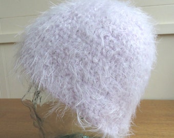 Crochet beanie hat in pink fluffy yarn
