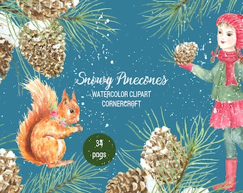 Snowy Pine Cones Watercolor Clipart - pine branches, pine cones in snow red squirrel and little girl, paint splatter for instant download