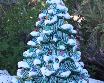 12 1/2" Ceramic Christmas Tree Lighted, Just Like Grandma/Mom's Green Glaze with Snow