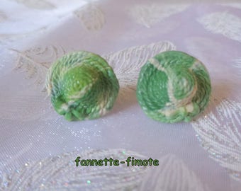 Stainless steel stud earrings polymer clay Green Khaki and Beige "hats" - handmade