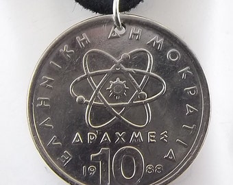 1988 Greek Atom Coin, 10 Drachmes, Mens Necklace, Womens Necklace, Coin Pendant, Leather Cord, Vintage