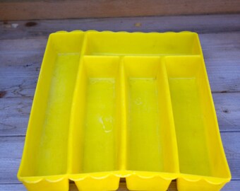 Vintage Plastic Yellow Silverware Utensil Flatware Drawer Tray Organizer