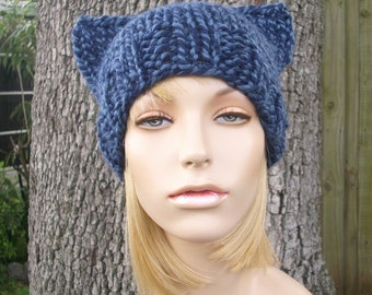 Knit Hat Blue Womens Hat - Blue Cat Beanie Hat in Twist Blue Knit Hat - Blue Hat Blue Beanie Blue Cat Hat Womens Accessories Winter Hat